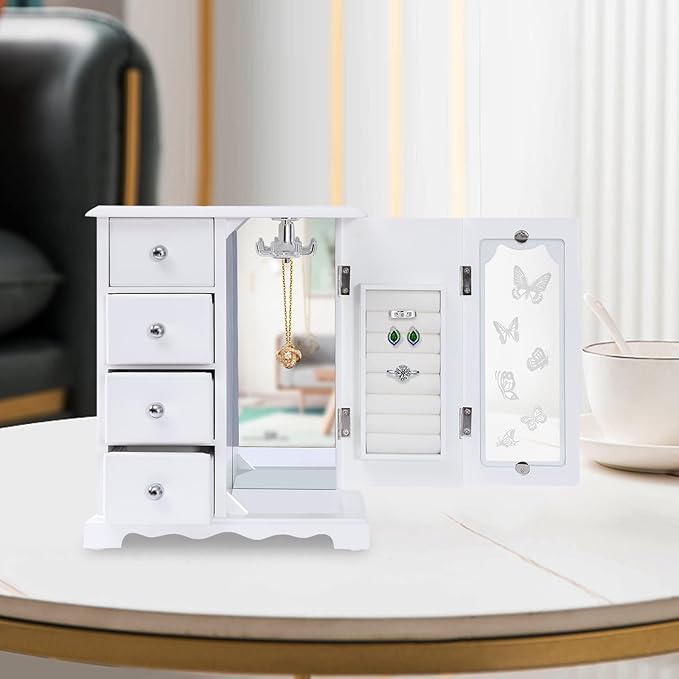 White Jewelry Box - Rotatable Hook with Large Mirror Dresser Decor - Wooden Makeup and Accessories Organizer with 4 Drawers - Wood Jewelry Case with Mirror for Necklaces, Earring, Rings