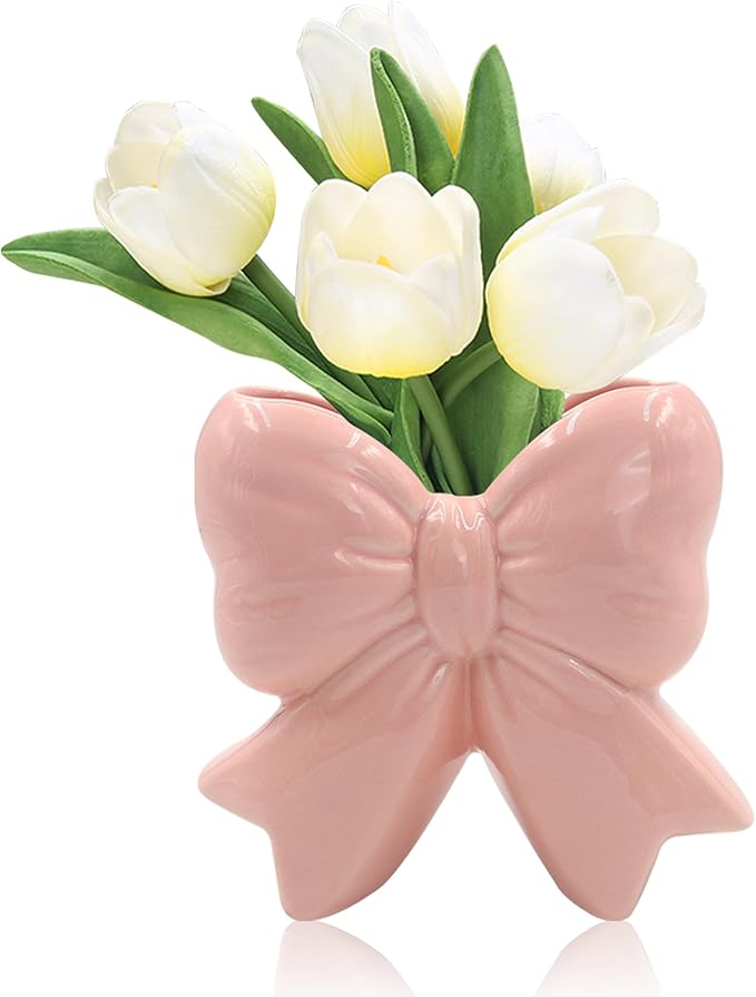 Small Ceramic Vases for Flowers, Cute Bow Vase, Pink Makeup Brush Organizer, Decorative Pen Holder, Ideal Women Gifts for Table, Office, Living Room, Shelf Decor