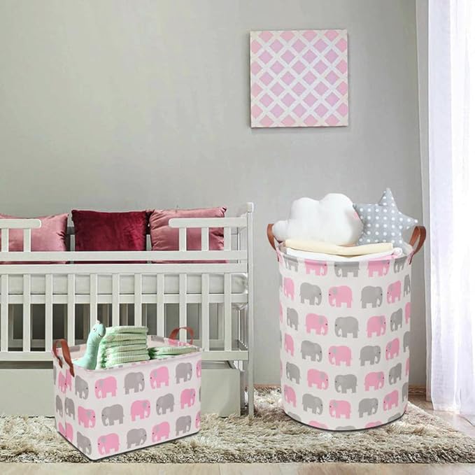 NTAOHAMPER Laundry Basket,Waterproof Hamper,Clothes Hampers for Nursery,Gift Basket,Room Decor,Collapsible Storage Basket (Pink Elephant)