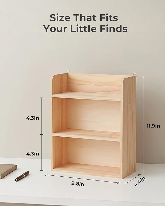 3-Tier Trinket Shelf, Small Display Shelf for Wall or Countertop, Solid Wood Knick-Knack Shelf for Collectibles, Crystals & Spice Village Storage, Natural Unfinished, DIY Stain