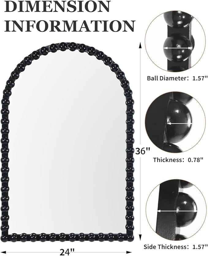 Black Beaded Arched Wall Mirror 24x36 Inch, Vintage Decorative Arch Mirror with Beaded Frame, Accent Mirror for Entryway, Bathroom, Living Room, Bedroom, Fireplace
