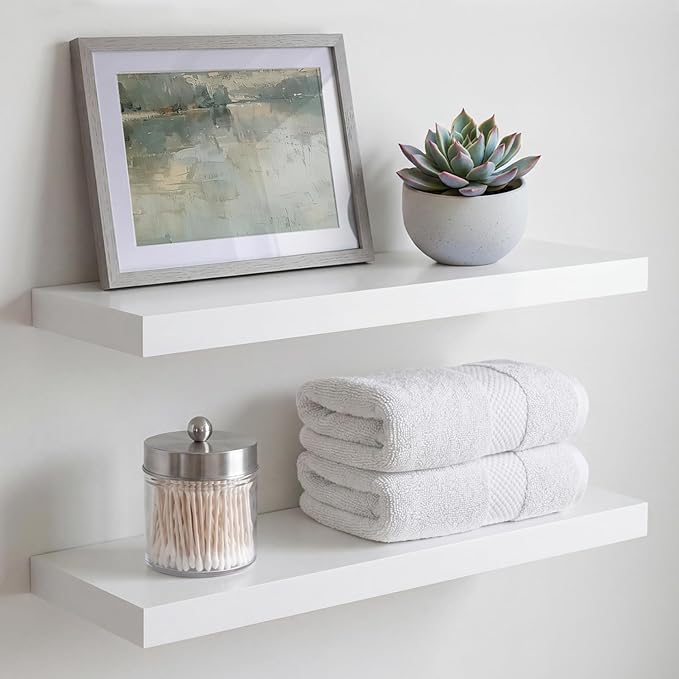 Homeforia White Floating Shelf 20 inch, High End Solid Real Wood 20inch Bathroom Floating Shelves for Wall Mounted, White Wooden 20in Floating Shelves, Heavy Duty Bracket, 20 X 6.5 X 1.75 in, Set of 2