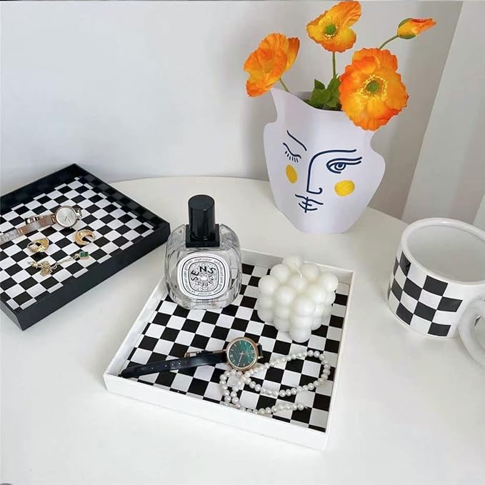 Ciandid Checkered Decorative Tray - Checkerboard Jewelry and Aromatherapy Reed Diffuser Vanity for Bathroom, White Dresser Organizer for Makeup and Perfume