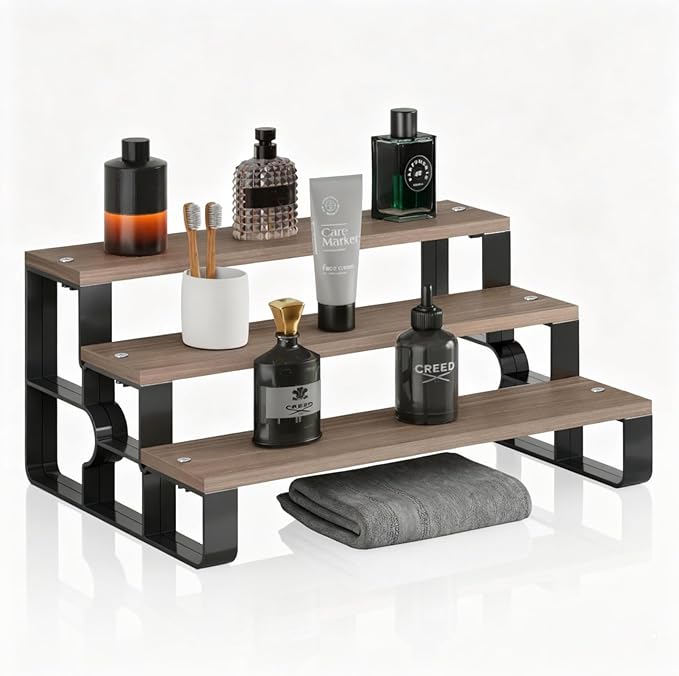 Perfume Stand Organizer for Men,3 Tier Display Riser,Display Shelf for Bedroom,Dresser,Wooden Shelf Cologne Stand for Party,Makeup,Figures,Cupcake,Dessert,Gift(Walnut,Width=14")