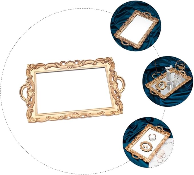 GARVALON Retro Mirror Plate Makeup Tray Gold Rectangular Cosmetic Storage Organizer Decorative European Vintage Perfume Display Tray for Vanity and Photo Props