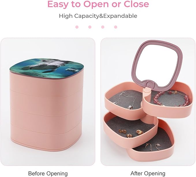 Ocean Animal Manatee Jewelry Box 360°Rotating Storage Boxes Small Travel Earring Organizer with 4-Layers Rotatable Jewelry Storage Organizer for Ring Necklaces Makeup