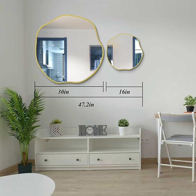 POZINO Gold Irregular Mirror, 30" Scalloped Rounded Mirrors, Asymmetrical Frameless Mirror, Modern Abstract Wall Mirrors for Living Room Bedroom Bathroom Entryway Hallway Fireplace