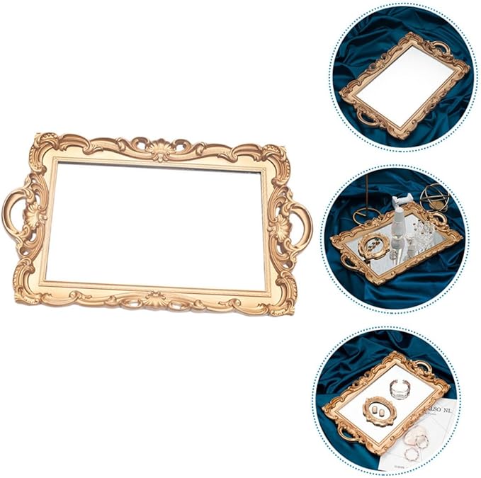 Lurrose Retro European Mirror Tray Decorative Storage Plate for Cosmetics and Perfume, Golden Rectangular Makeup Organizer for Vanity and Photo Props, Household Display Accent