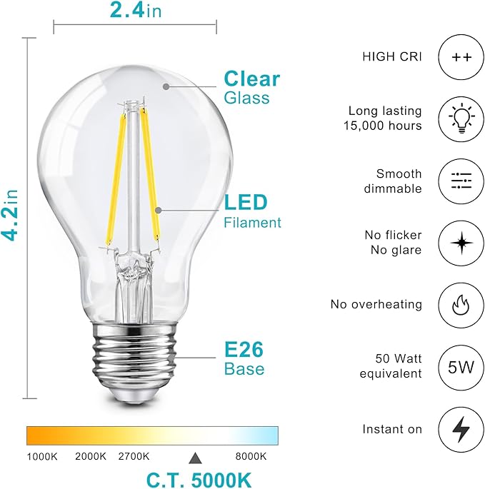 TJOY 6 Pack A19 Vintage LED Edison Bulbs, Dimmable Light Bulb 50W Equivalent, 5000K Daylight, 5W E26 Standard Base, 470Lumens, CRI80+, Clear Glass Filament Bulb for Home