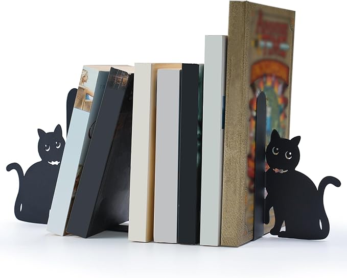 BEISE Book Ends Metal, Decorative Cat Bookends with 2 Cute Black Kittens for Shelf Decor, Office Desk, Home Kitchen Organizer, Unique Book Lover Gift, Funny Gifts for cat Lovers