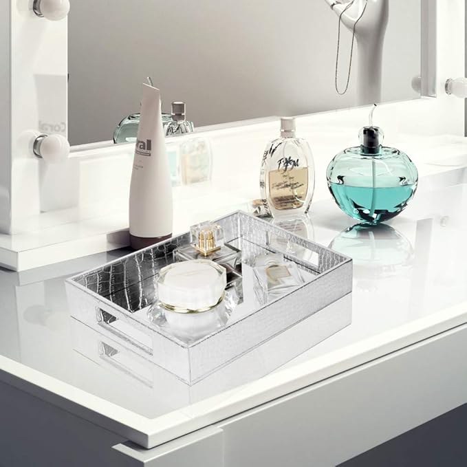 Vixdonos Decorative Mirror Tray,Silver Vanity Tray,Leather Catchall Organizer for Makeup,Perfume and Cosmetic on Dresser or Coffee Table(Small, Silver)