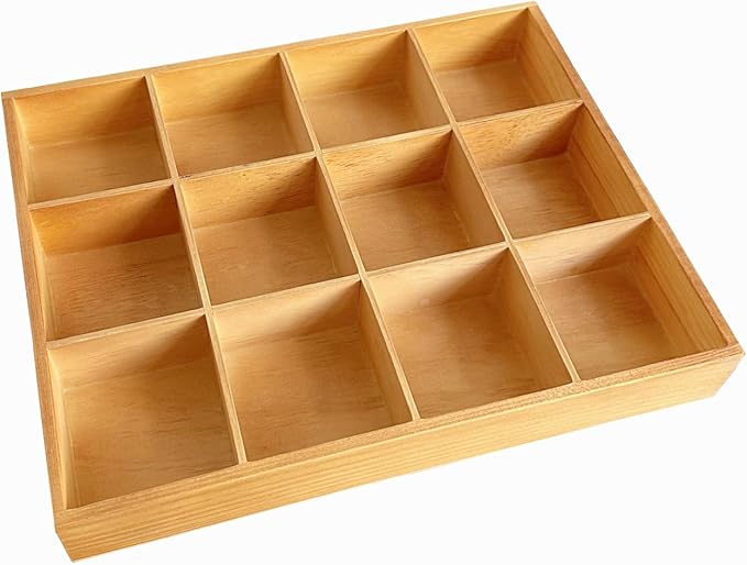 Vintage 12 Compartments Wooden Organizer Box 13.4x10.6x2 Inch Solid Wood Storage Tray Desktop Display for Jewelry Makeup Office Supplies Antique Home Decor Craft Organization (Vintage Color)