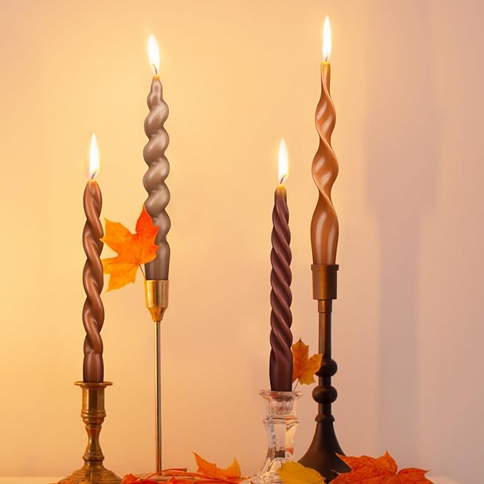Nuanchu 4 Pcs Twisted Taper Candles Wax Unscented Smokeless Spiral Swirl Candlesticks for Wedding Holiday Dinner Party Home Decorations(7.87 Inch,Pure,Fall Color)