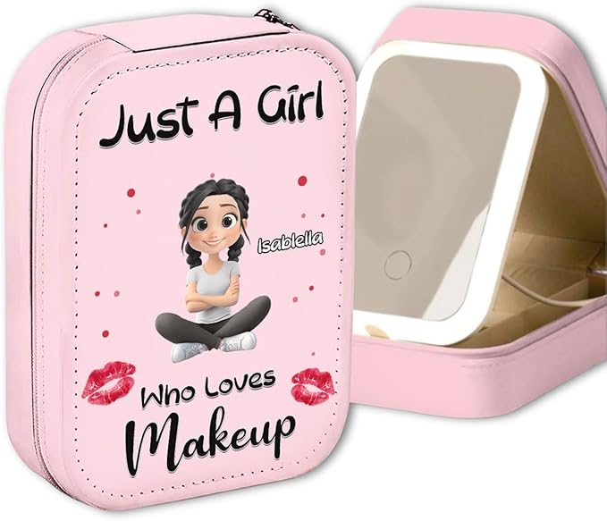 Wrappiness Women & Girls Floral Makeup Box With LED Mirror - Personalized Birthmonth Flower Travel Jewelry Organizer Gift for Daughters Sisters on Birthday (A Girl Loves Makeup, Teen Girls)
