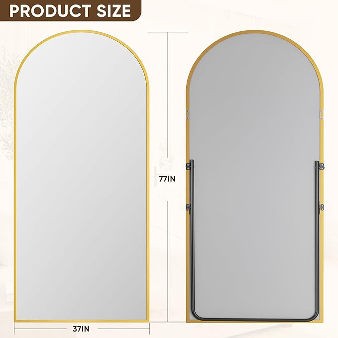 Antok Full Length Mirror, 78"x38" Floor Mirror with Stand, Hanging Mounted Mirrors for Bedroom, Living Room, Cloakroom, Dining Room, Gold, Arched