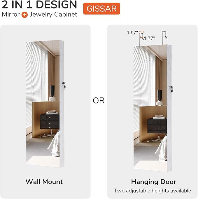 GISSAR Full Length Mirror Jewelry Cabinet, 6 LEDs Jewelry Armoire Wall Mounted Over The Door Hanging, Jewelry Organizer Storage with Lights Lockable White
