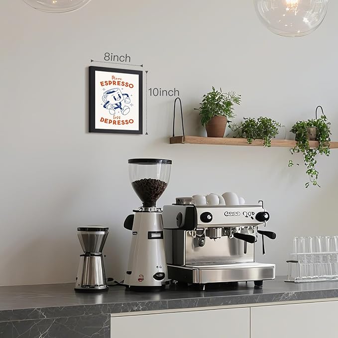 Cyebmo Black White Coffee Wall Art, More Espresso Less Depresso Wall Decor, Funny Coffee Canvas Painting, Cute Cartoon Cafe Cup Poster Print for Kitchen Office Cafe Bar Wood Framed 8x10 Inch