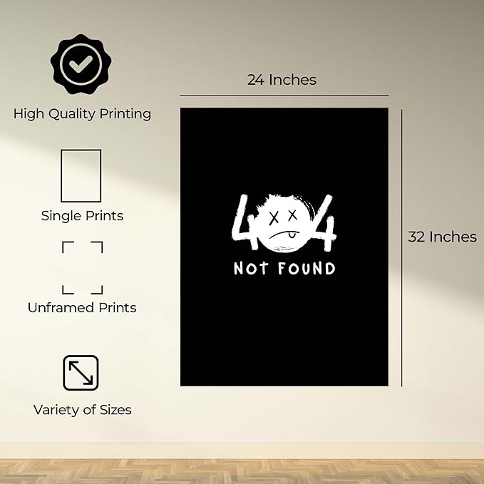 InkFlow Posters 404 Not Found Poster - Tech-Inspired Minimalist Wall Art for Office or Gaming Setup, Humorous Art with a Digital Twist - 24x32 Unframed Canvas Print