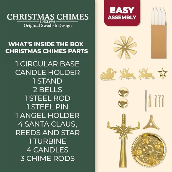 Original Swedish Christmas Chimes, Santa, Carousel and 4 Candles – Scandinavian Spinning Festive Chimes for Christmas, Best Memorial Gift Since 1948, Home Decorations - Brass