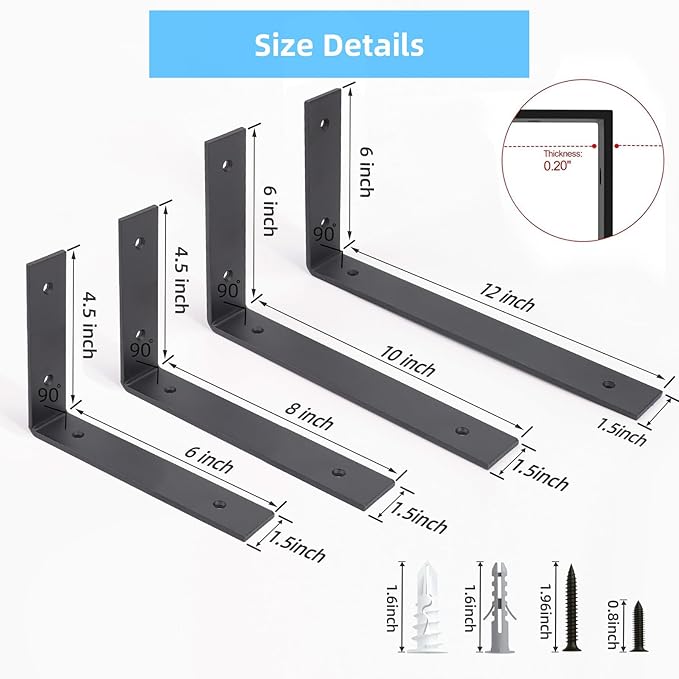 6-Pack Heavy Duty 10-Inch Black Shelf Brackets, L Shelf Bracket 10 Inch for Floating Shelves, 1/5-Inch Thick