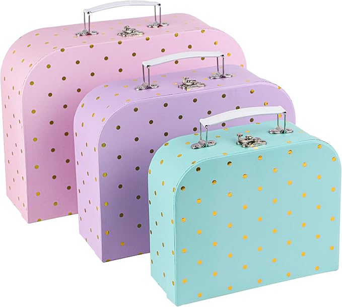 Eazy2hD Paperboard Suitcases, Set of 3 Decorative Storage Boxes Gift Boxes With Lids for Photo Storage Home Decoration, Birthday, Weddings, Anniversary - Mini Cardboard Suitcase - Gold Foil Polka Dots