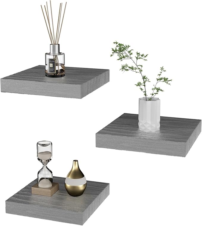 PopiShelves Small Floating Shelves for Wall - 6 Inch Mini Square Grey Shelves for Bedroom, Living Room, Bathroom, Kitchen, Office Decor Set of 3