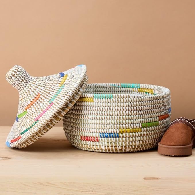 Decorative Basket with Lid, Colorful Pattern on White, Hooded, 10 Inch Wide