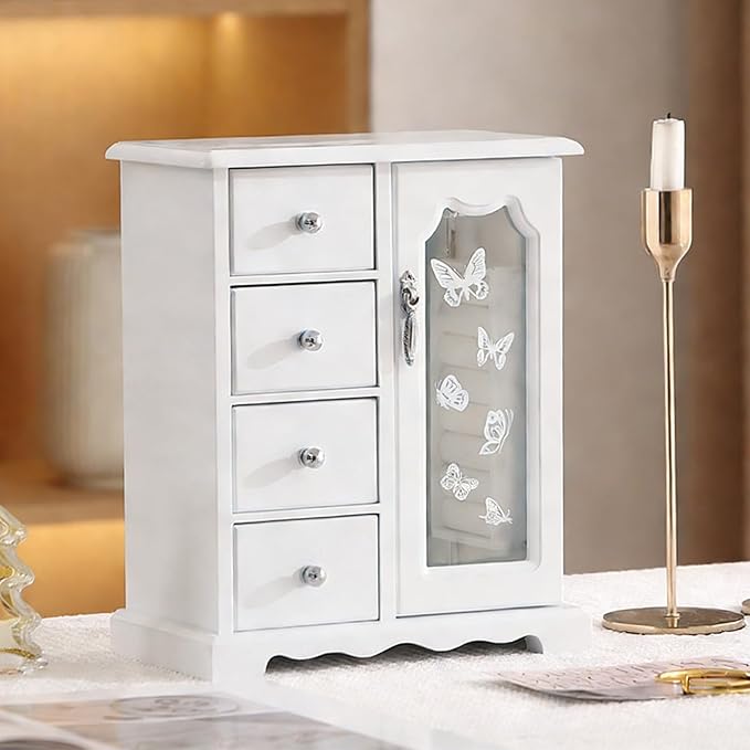 Wooden Jewelry Box, Solid Jewelry Organizer Makeup and Organizer Women Ring Storage with 4 Drawers, Wood Jewelry Case with Mirror for Necklaces Earring Rings, White