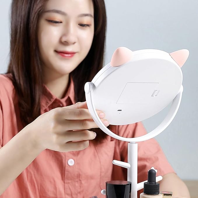 NOLITOY Smart Dimming LED Makeup Mirror with Desktop Storage, Swivel Tabletop Vanity Mirror with Rechargeable Touch Control, Small White Cat Organizer for Makeup Supplies