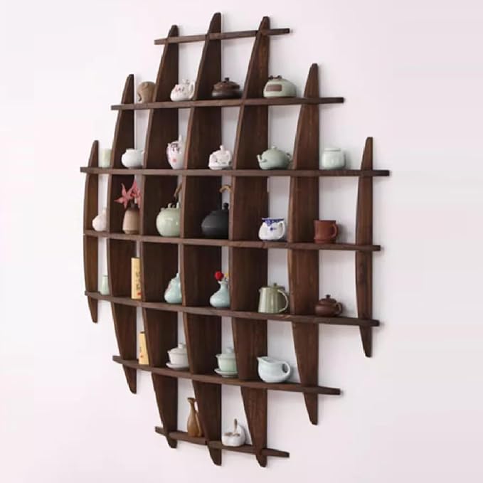 Solid Wood Chinese Tea Cup Holder, Wall Mounted Teapot Display Stand, Wall Decoration Teaware Shelf Storage Rack for Living Room Kitchen Office Commercial (Dark Walnut Color, 39x39'')