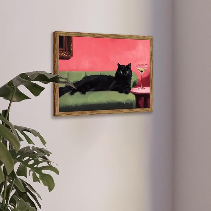 Cute Black Cat With Martini Wall Art Funny Animal Wall Decor Quirky Whimsical Cocktail Bar Cart Canvas Painting Poster Prints Pet Lover Picture Aesthetics for Bedroom Living Room Framed 12x16 inch