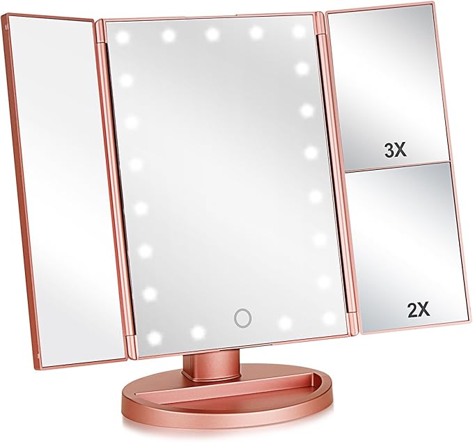Flymiro Tri-fold Lighted Vanity Makeup Mirror with 3x/2x Magnification,Light up Mirror for Makeup,Touch Screen 21 LEDs,180° Rotation Countertop Cosmetic Mirror,Gifts for Women Mom Teen Girls