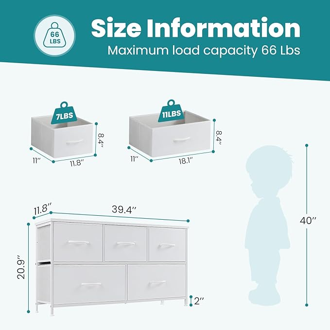 OLIXIS 5 Drawer Dresser for Bedroom, Fabric Storage Tower with Wooden Top and Metal Frame, Dresser Organizer for Living Room Closet Entryway,White