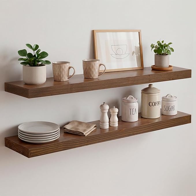 Homeforia Classic Walnut 30 inch Floating Shelf, High End Solid Real Wood Small 30inch Floating Shelves for Wall Mounted, 30in Floating Shelves, Heavy Duty Bracket, 30 X 6.5 X 1.75 inches, Set of 2