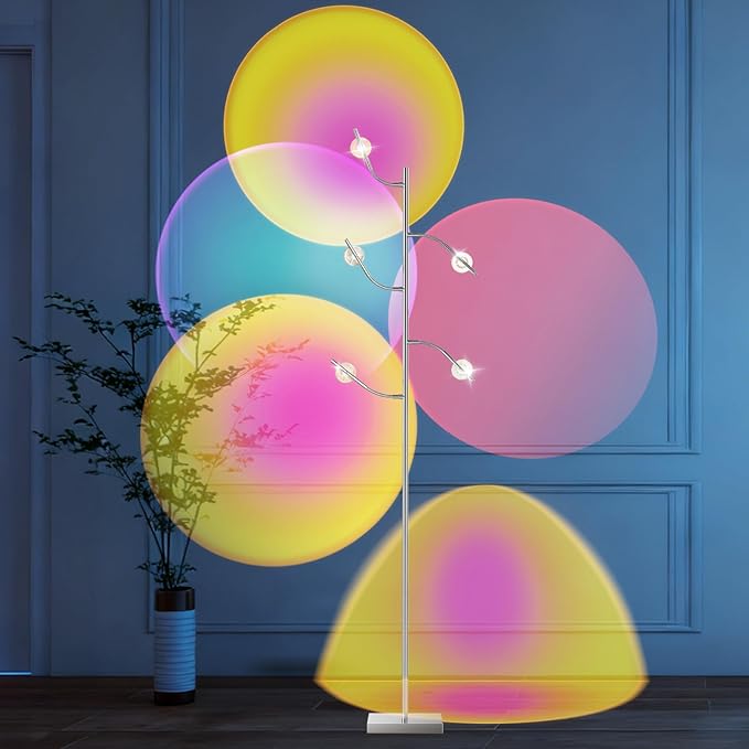 5 Head RGBW Halo Projector Floor Lamp, 4000K LED with Replaceable Color Filters, 71 Inch, 15W, Chrome, Sunset Projection Floor Lamp for Bedroom, Living Room, Game Room