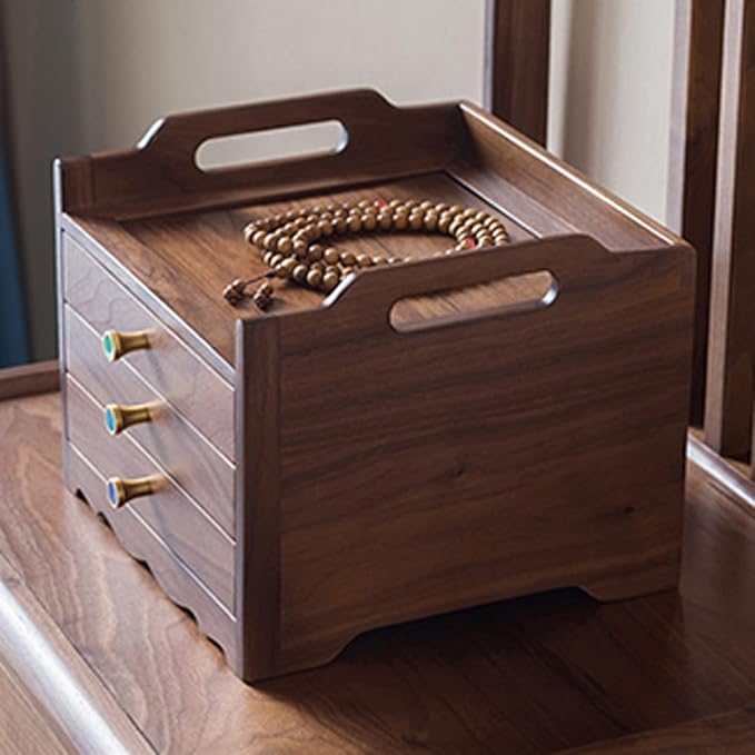 Jewelry storage box Makeup Organizers Wooden Jewelry Box for Women, Organizer Box of Solild Wood with 3 Drawers for Jewelries, Watches, Necklace, Ring, Storage Box, Black Walnut Jewelry Case