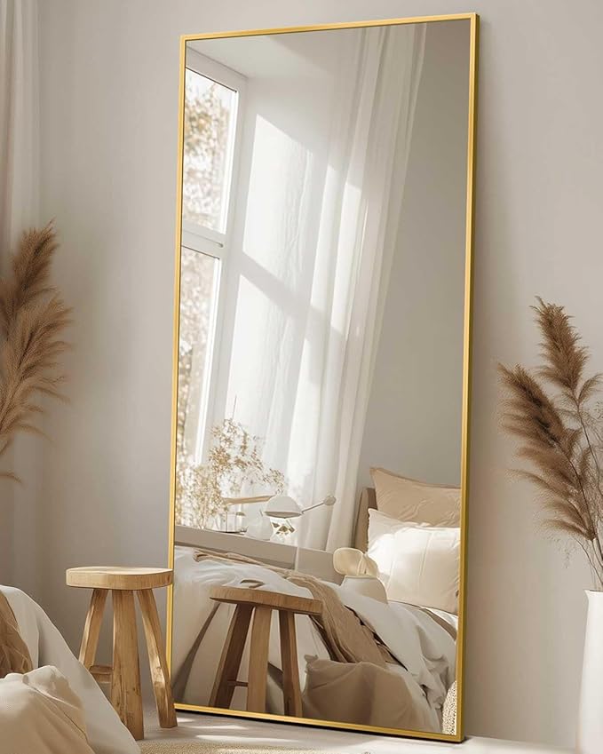 Antok Full Length Mirror, 58"x21" Floor Mirror with Stand, Hanging Mounted Mirrors for Bedroom, Living Room, Cloakroom, Dining Room, Gold, Rect