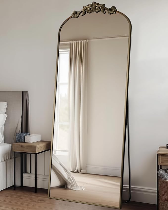 Antok Arched Full Length Mirror, 65"x24" Floor Mirror with Carved, Full Body Mirrors for HomeDecor, Standing/Halling Large Wall Mirror for Bedroom, Living Room, Cloakroom, Bronze, Retro Style