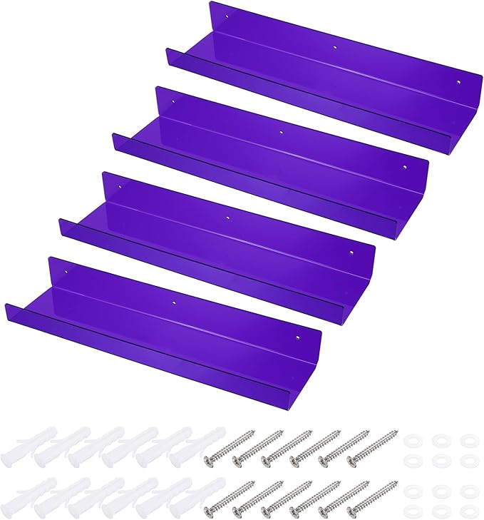 MECCANIXITY 4 Pack Acrylic Shelves for Wall, 15 Inch Purple Floating Shelves Wall Mount Display Shelf Organizer for Bathroom, Bedroom, Living Room, Room Decor