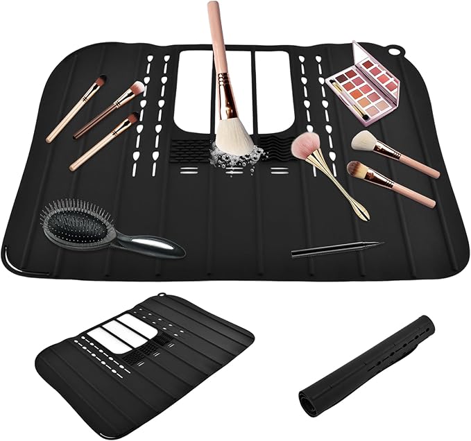 Bathroom Sink Cover for Counter Space, Foldable Silicone Makeup Organizer Mat for Over Countertop, with Hanging Loop Heat-Resistant Sink Cover for Makeup(Color:Black)