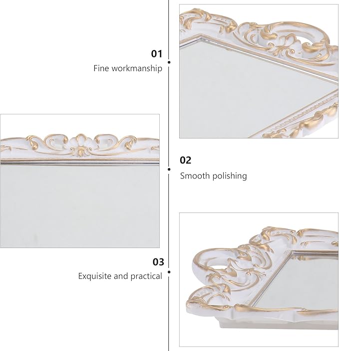 ULTECHNOVO Vintage European Style Mirror Tray Perfume Storage Plate Decorative Makeup Organizer White Rectangular Retro Mirror Tray for Photography and Home Décor