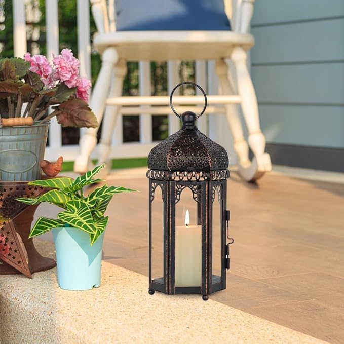 DECORKEY Vintage Medium Size Lantern Decorative Indoor & Outdoor, Moroccan Hanging Lantern with Clear Glass, Metal Tabletop Candle Lanterns for Front Porch Patio Decor, Christmas Decorations