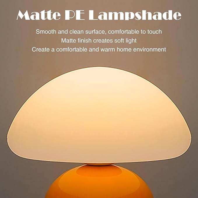 Cute Small Mushroom Lamp, PE Lampshade, Ceramic Base, Adjustable Light Color and Brightness with Power-Off Memory, Safe USB Powered, LED Mushroom Light for Bedroom Living Room (Orange)