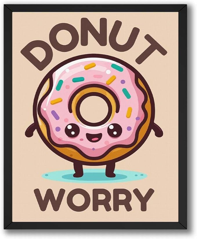 InkFlow Posters Donut Worry Poster - Smiling Donut Illustration - Playful Kawaii Food Art - Kids Bedroom Playroom Kitchen Decor - Cheerful Cartoon Wall Print - 18x24 Unframed Canvas Print