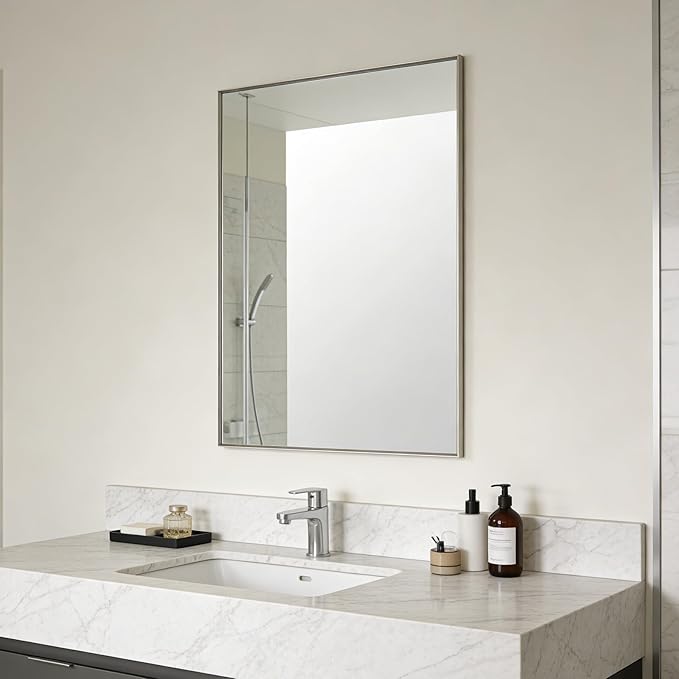 Bathroom Mirror for Wall, 36x24 Inch Metal Framed Mirror, Brushed Nickel Rectangle Mirror, Bathroom Vanity Mirror Farmhouse, Tempered Glass, Anti-Rust, Hangs Horizontally or Vertically