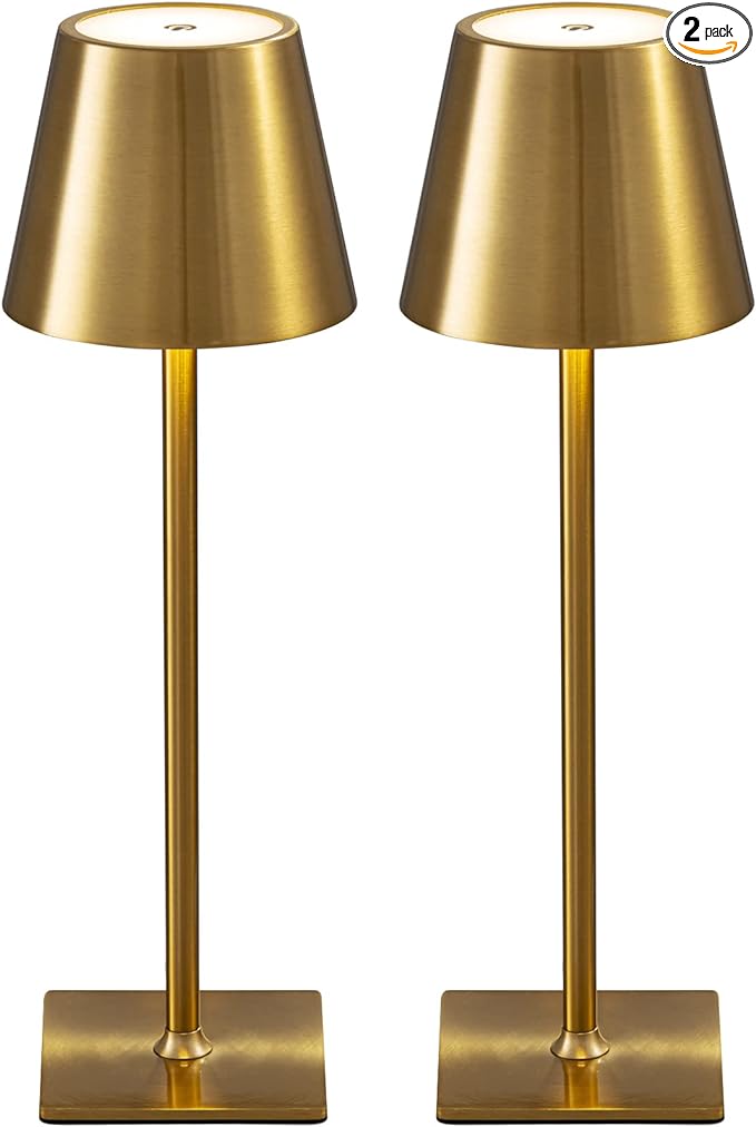 KDG 2 Pack Cordless Table Lamp,Portable LED Desk Lamp, 4000mAh Battery Operated, 3 Color Stepless Dimming Up, for Restaurant/Bedroom/Bars/Outdoor Party/Camping/Coffee Shop Night Light(Gold)