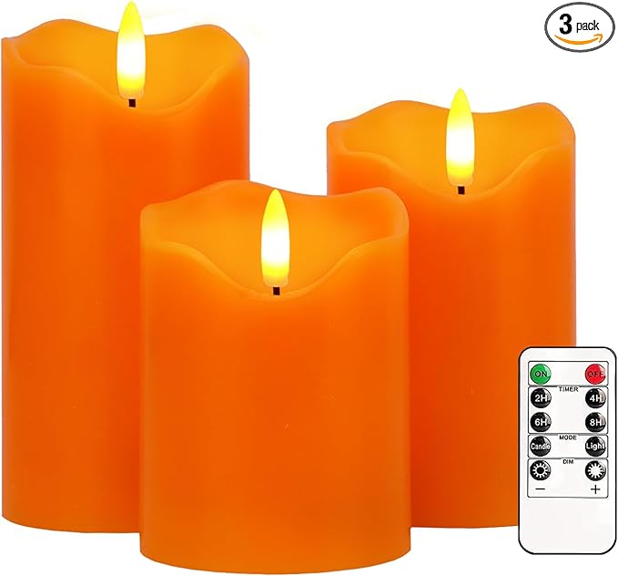 Flameless Candles Lights, Set of 3 Orange Flickering LED Candles with Remote & Timer, Dimmable LED Pillar Candles Battery Operated, Electric Candles for Fall Halloween Thanksgiving Decor (Orange)