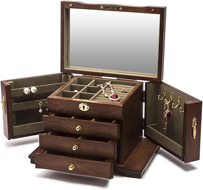 MARURY 2023 Luxury Large Wooden Jewelry Box, Jewelry Box for Women,4-Layer Jewelry Organizer, with Makeup Mirror and Lockbuckle Storage Display Earring Ring Necklace Jewellery