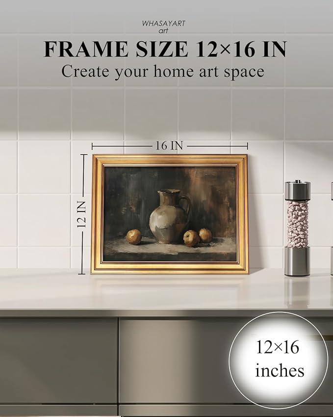 HUARCEY Gold Framed Vintage Wall Art for Living Room, Fruits Painting Prints Shelf Decor for Kitchen, Aesthetic Bedroom Wall Art, Best Gifts for Friends or Family - Ceramic and Fruit 16L x 12W