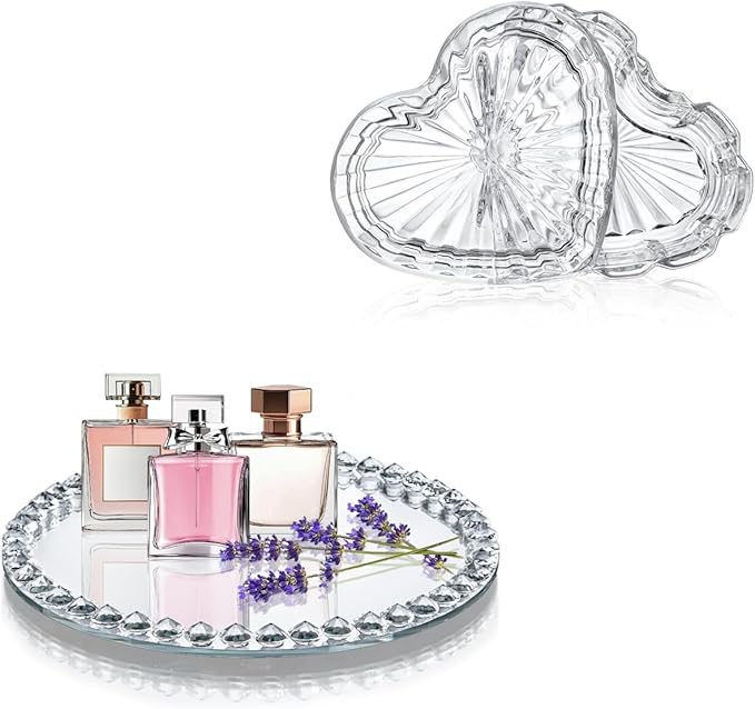 kanpura Crystal Perfume Tray Mirror Glass Makeup Vanity Organizer and Clear Glass Jewelry Box Heart Shape Cute Box